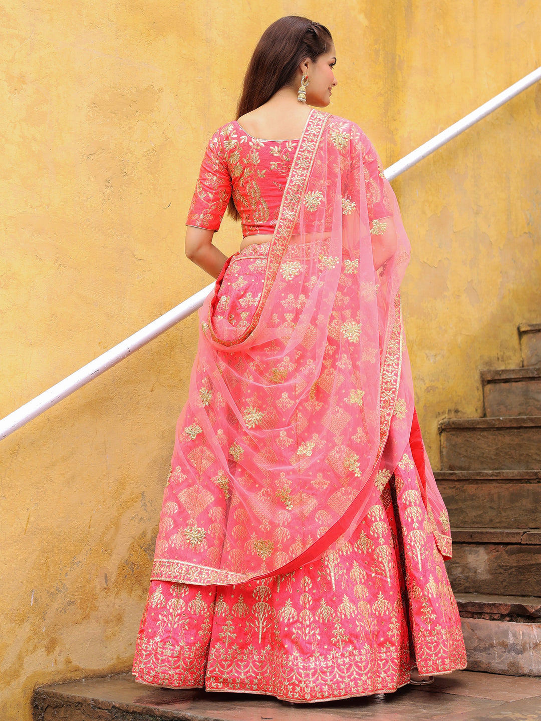 Bewitching Peach Embroidered Silk Wedding Lehenga Choli With Dupatta