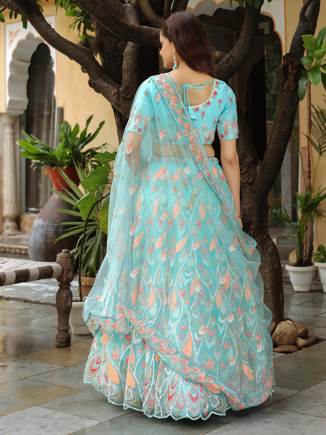 Awesome Sky Blue Sequins Net Bridesmaid Lehenga Choli With Dupatta