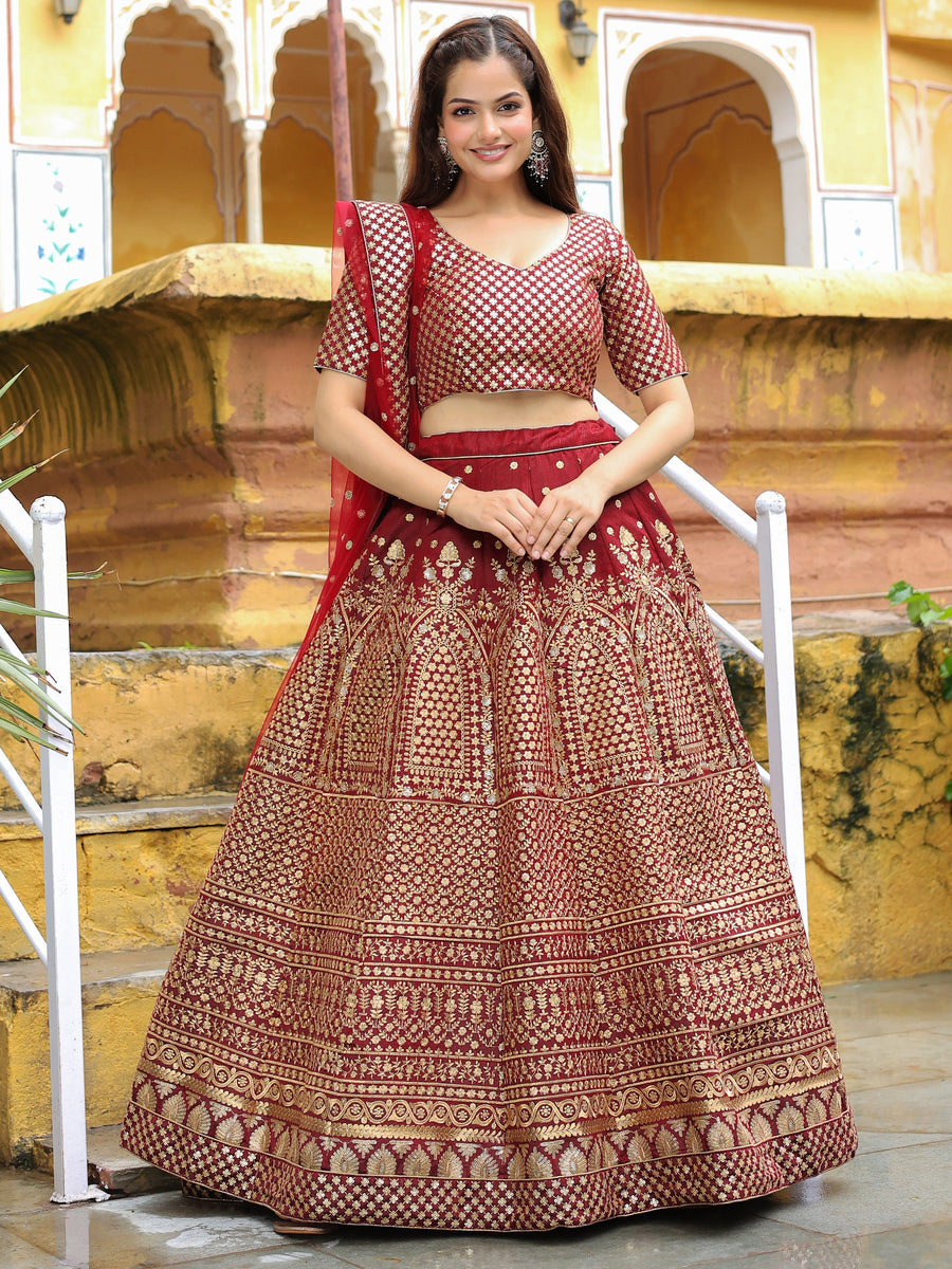 Beautiful Maroon Sequins Raw Silk Bridal Lehenga Choli With Dupatta