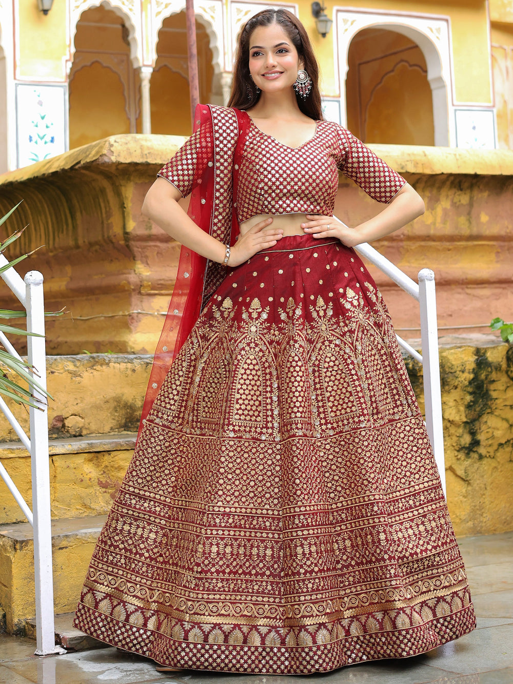 Beautiful Maroon Sequins Raw Silk Bridal Lehenga Choli With Dupatta