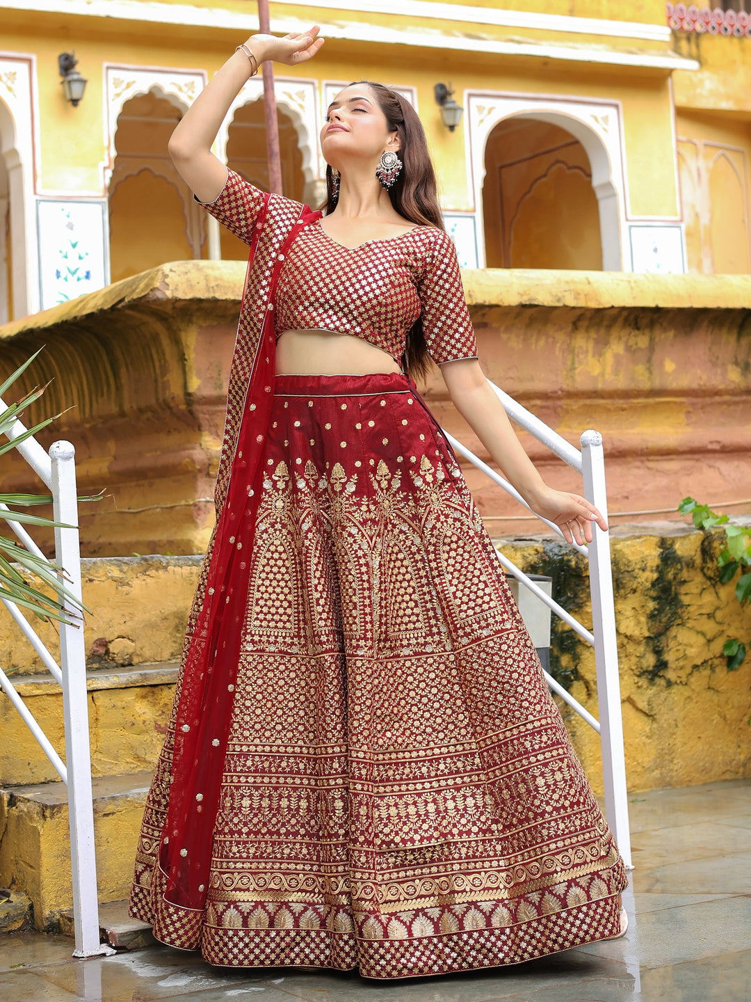 Beautiful Maroon Sequins Raw Silk Bridal Lehenga Choli With Dupatta