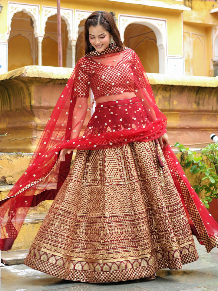 Beautiful Maroon Sequins Raw Silk Bridal Lehenga Choli With Dupatta