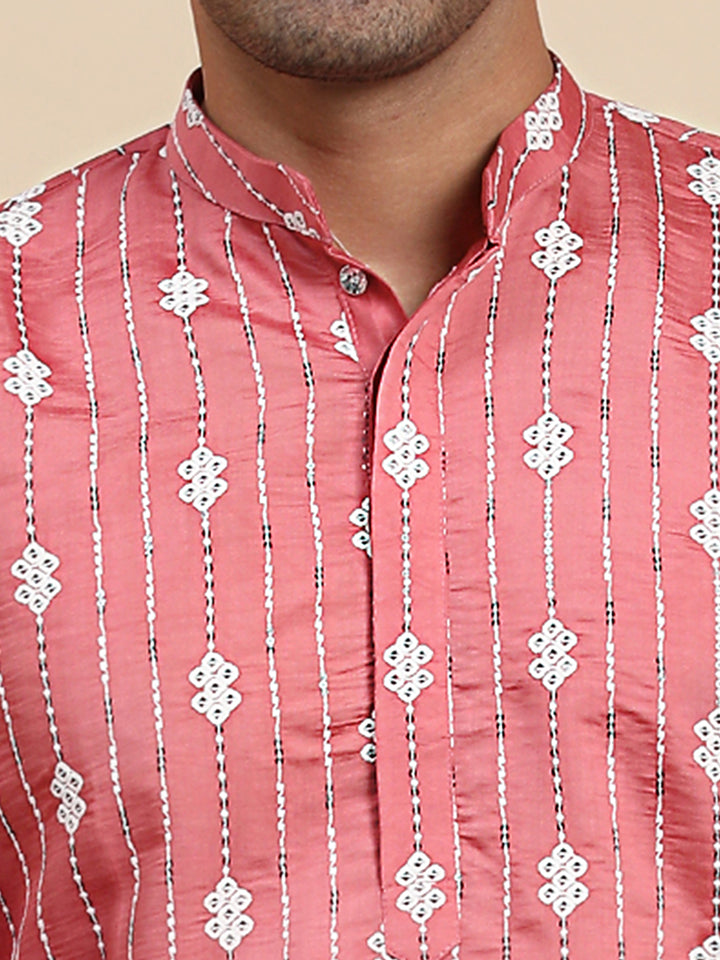 Affordable pink rayon kurta with intricate motifs, perfect for adding charm to your festive wardrobe.