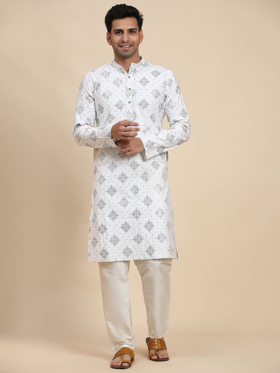 White cotton kurta set for men featuring handwoven motifs, perfect for festivals and formal events under $30.