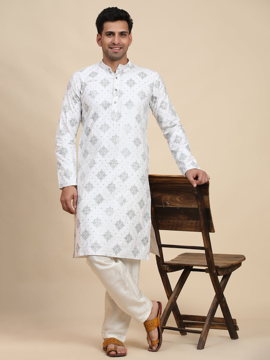 Perfect festive wear for men, this white cotton kurta set offers elegance and comfort at an affordable price.