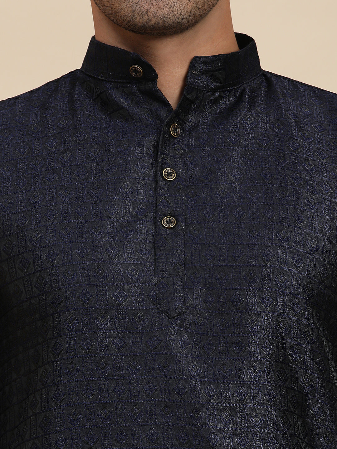 Navy blue cotton kurta set for men with intricate designs, ideal for cultural events, weddings, and formal gatherings.