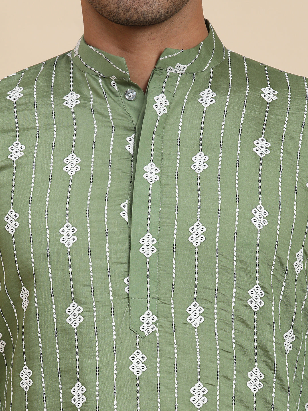 Celebrate festivals in style with a green viscose rayon motif kurta ideal for under $30 perfect for USA events