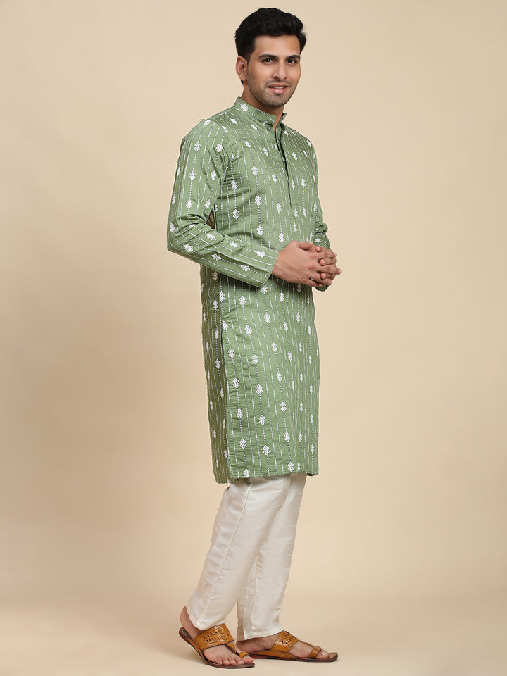 Versatile green motif kurta in soft viscose rayon designed for festive comfort perfect for under $30