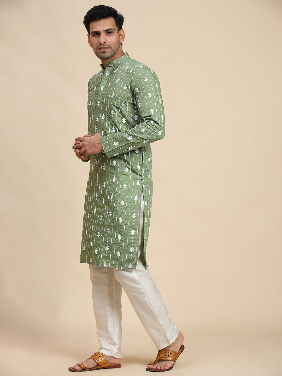 Elegant green weaved motif kurta in viscose rayon perfect for cultural events and festive celebrations in the USA