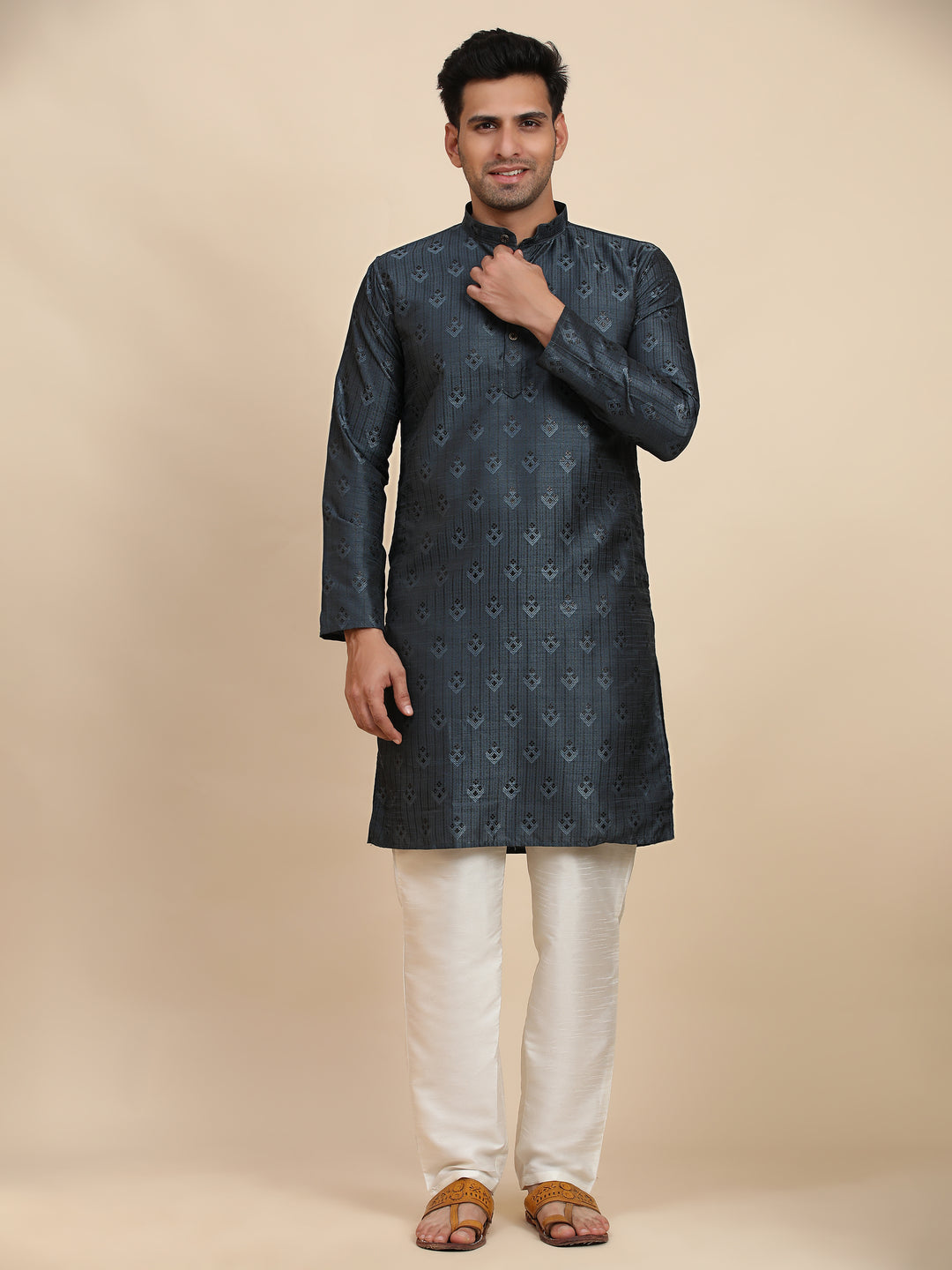 Premium navy blue kurta made from viscose jacquard, offering comfort and traditional style for special occasions.