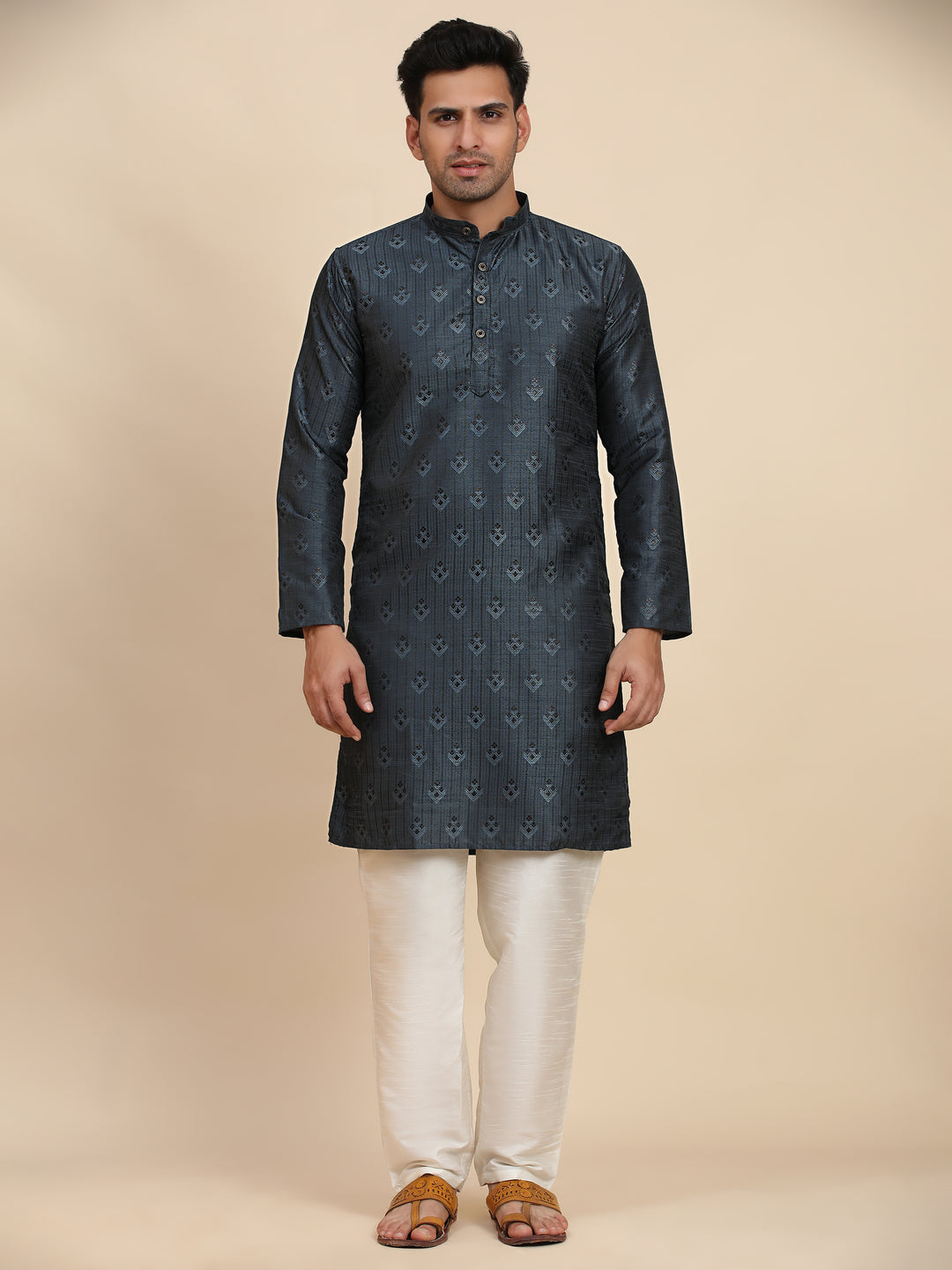 Navy Blue Viscose Jacquard Kurta with tailored fit, perfect for weddings, receptions, and festive events.