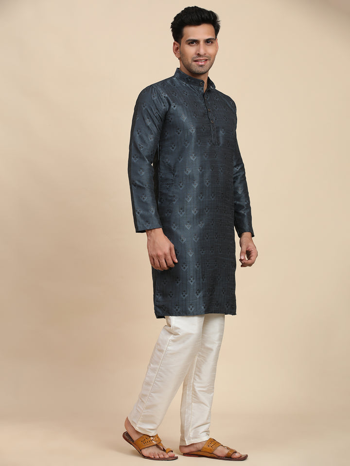 Elegant navy blue viscose jacquard kurta, ideal for USA shoppers seeking a versatile ethnic look for weddings and receptions.