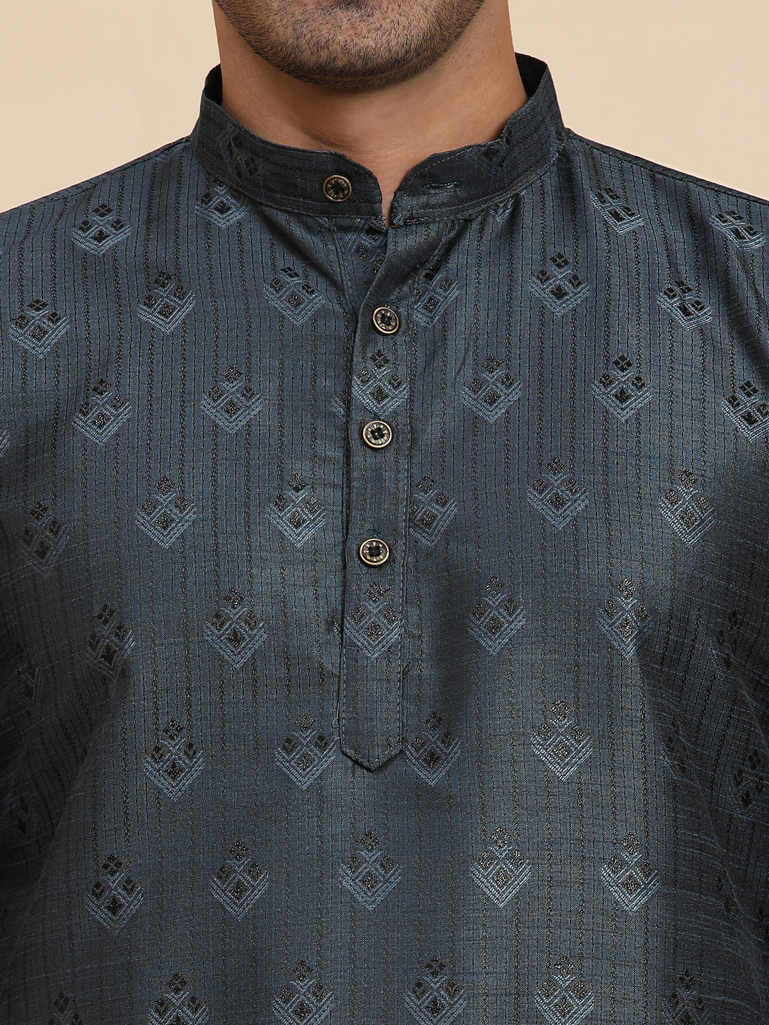 Navy blue viscose jacquard kurta with a tailored fit, offering a rich, traditional look paired with pajama sets or denim.