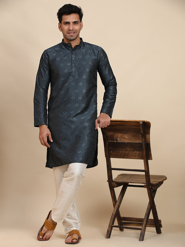 Navy blue kurta crafted from viscose jacquard, ideal for USA customers seeking affordable yet luxurious ethnic wear.