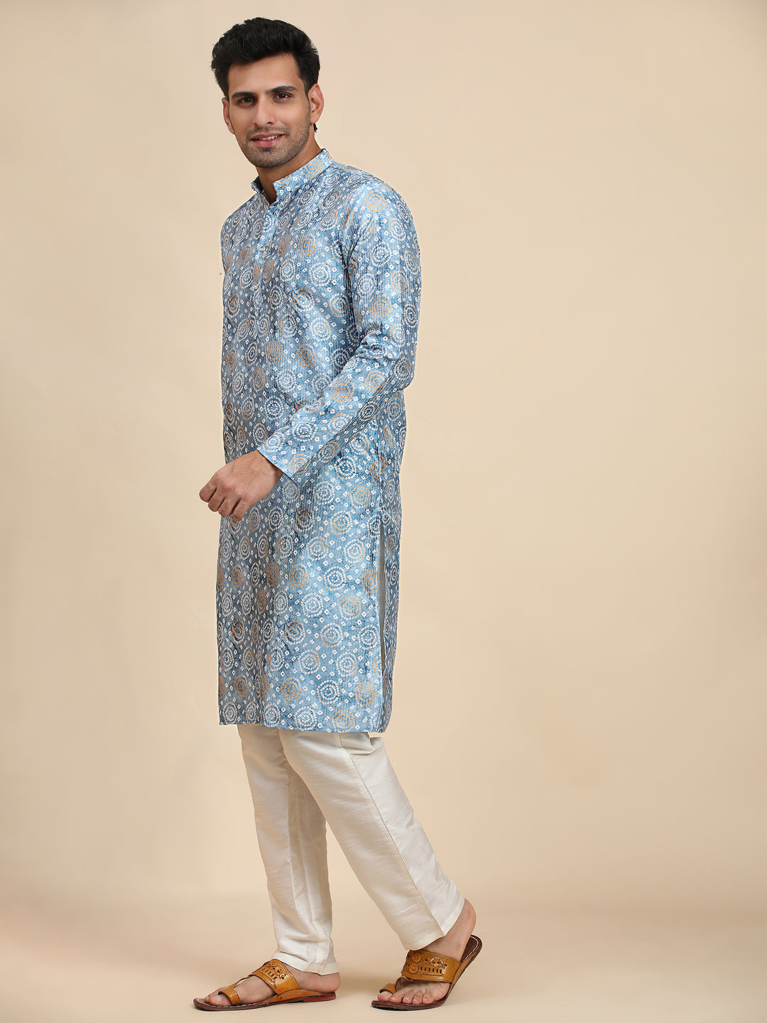 Elegant light blue kurta featuring a printed design, offering a blend of traditional style and modern comfort.