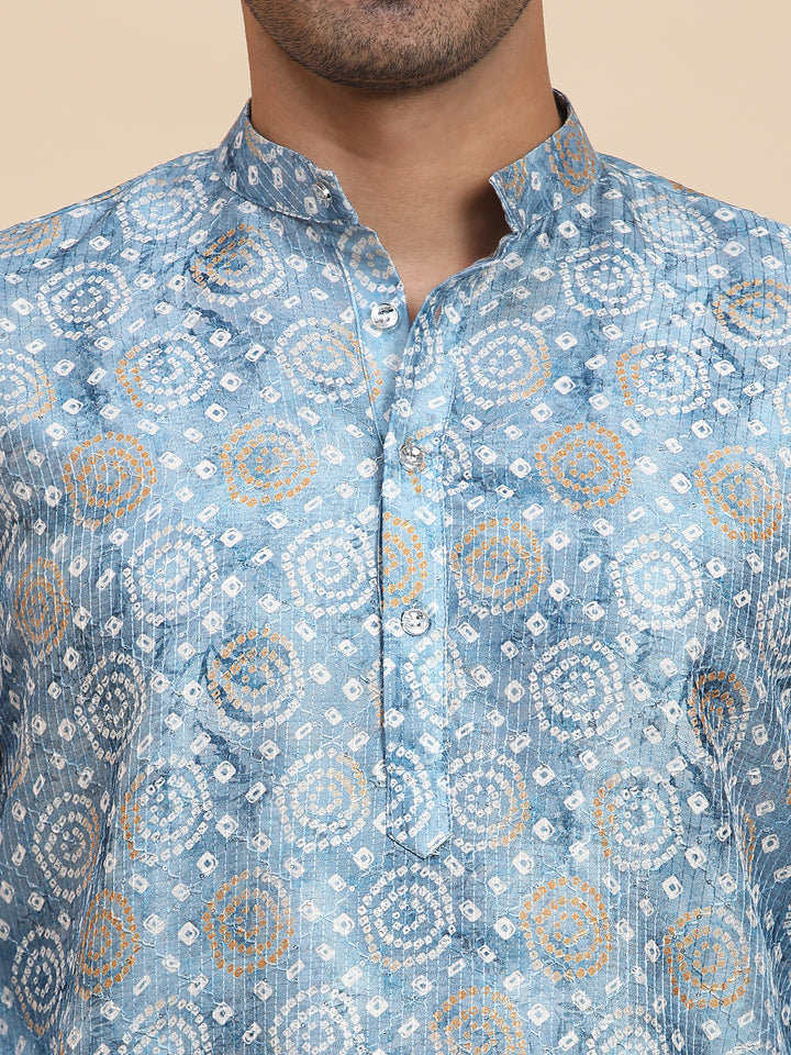 Light blue viscose rayon kurta with a modern printed design, perfect for pairing with white churidar or jeans for an Indo-western look.