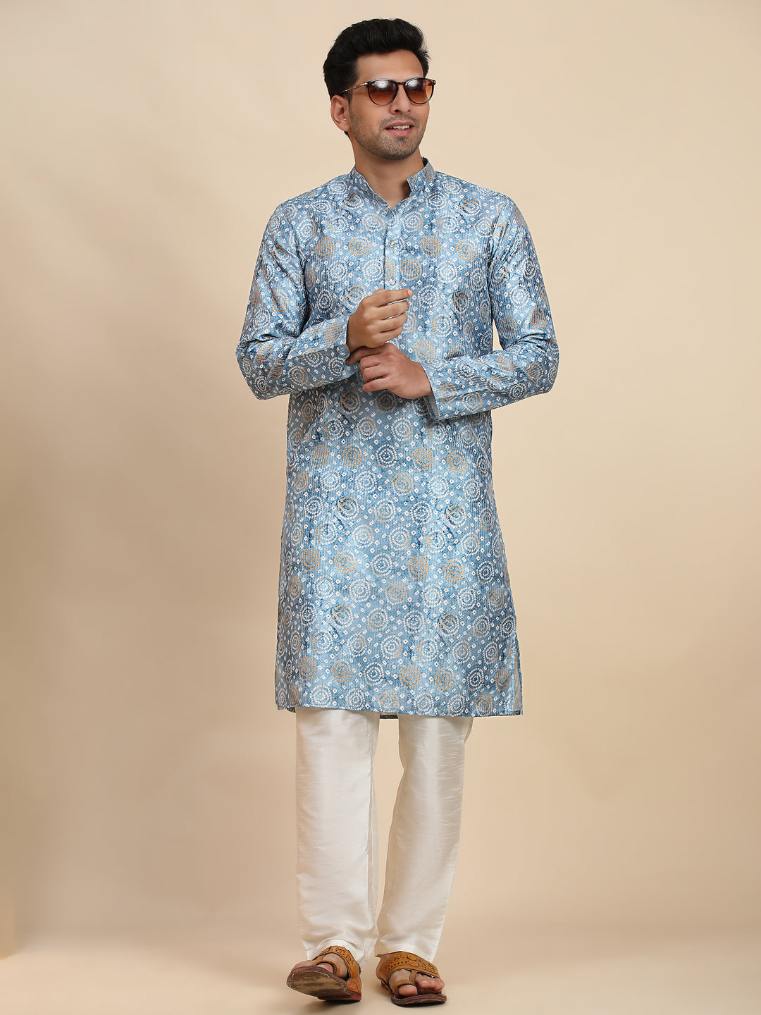 Light blue viscose rayon printed kurta, perfect for men who want a stylish and comfortable ethnic look for any occasion.