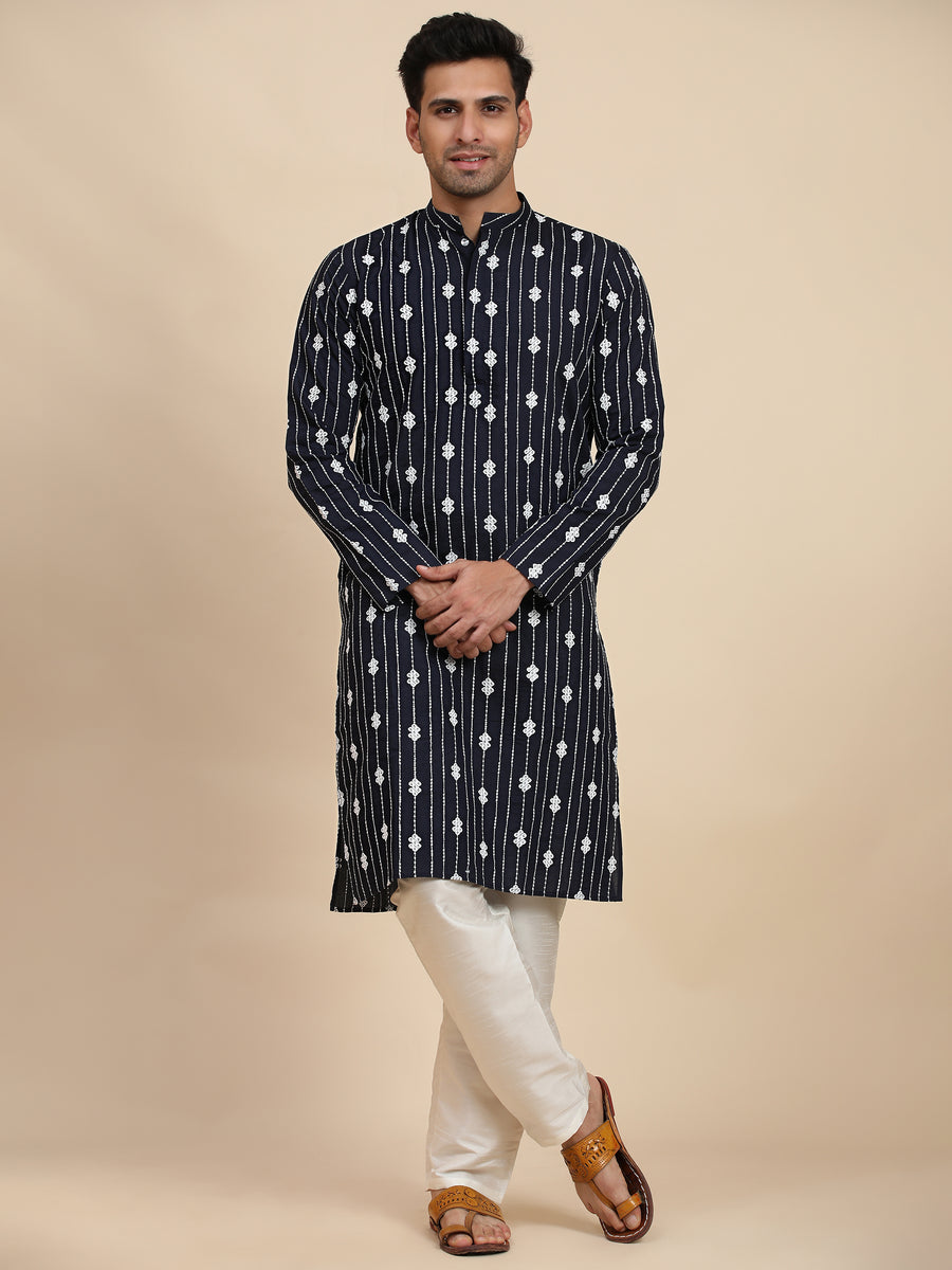 Lightweight navy blue viscose rayon kurta with intricate weaved motifs, offering comfort and style for USA customers.