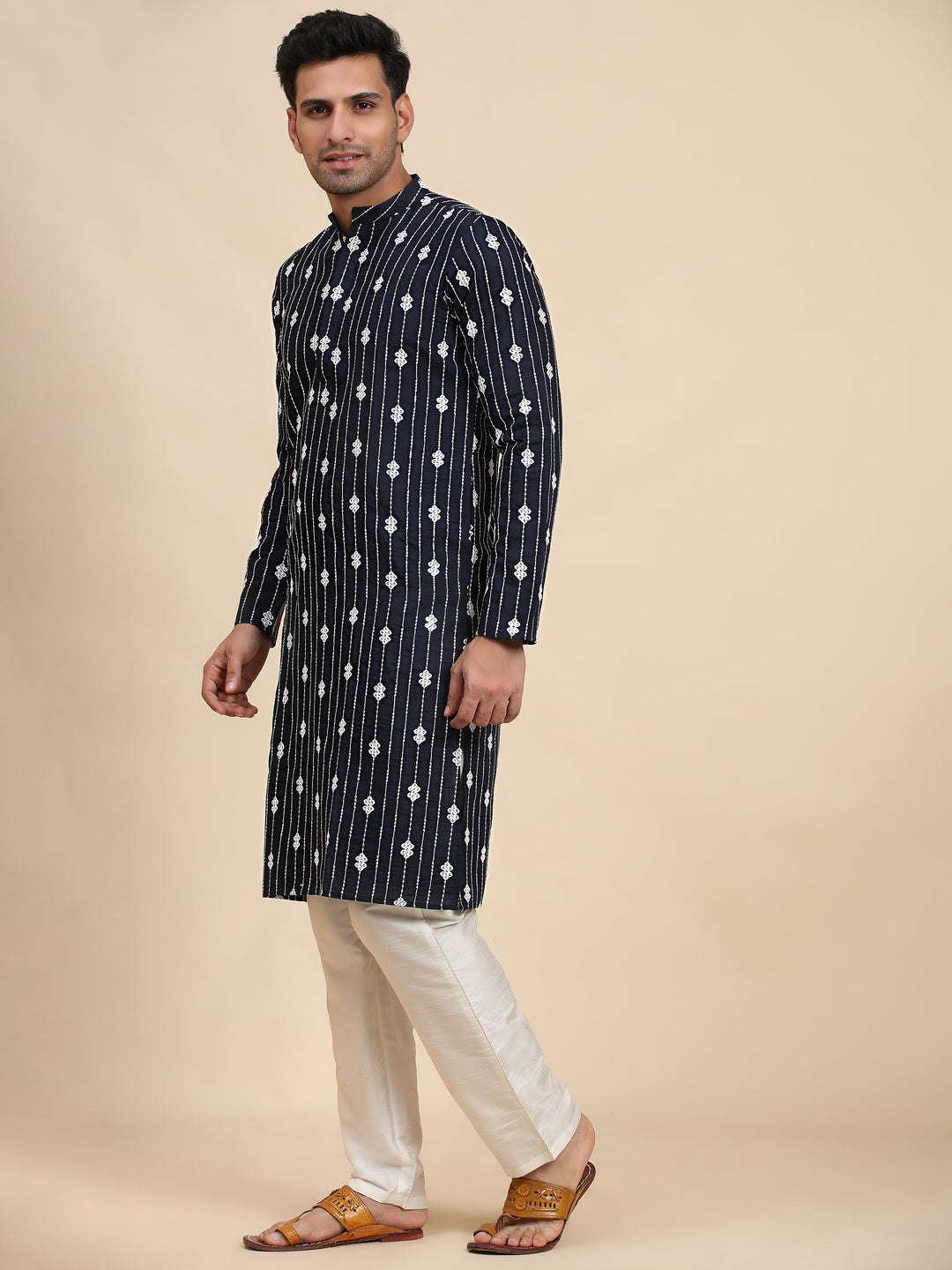 Traditional navy blue kurta crafted from viscose rayon, perfect for weddings, celebrations, and cultural gatherings.