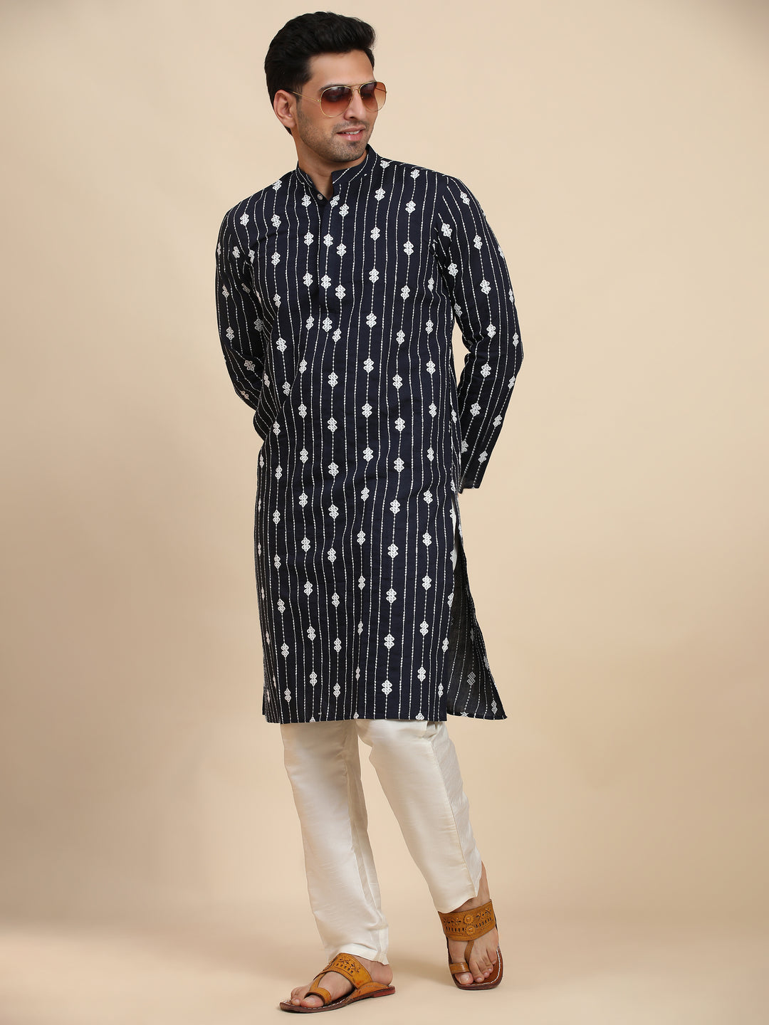 Navy Blue Viscose Rayon Weaved Motif Kurta with intricate detailing, perfect for weddings and festive celebrations.