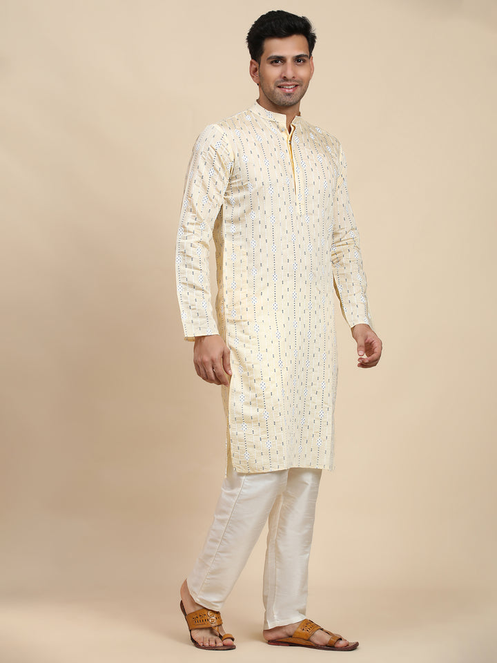 Lightweight cream kurta with detailed weaved motifs, styled for USA customers seeking comfort and elegance.