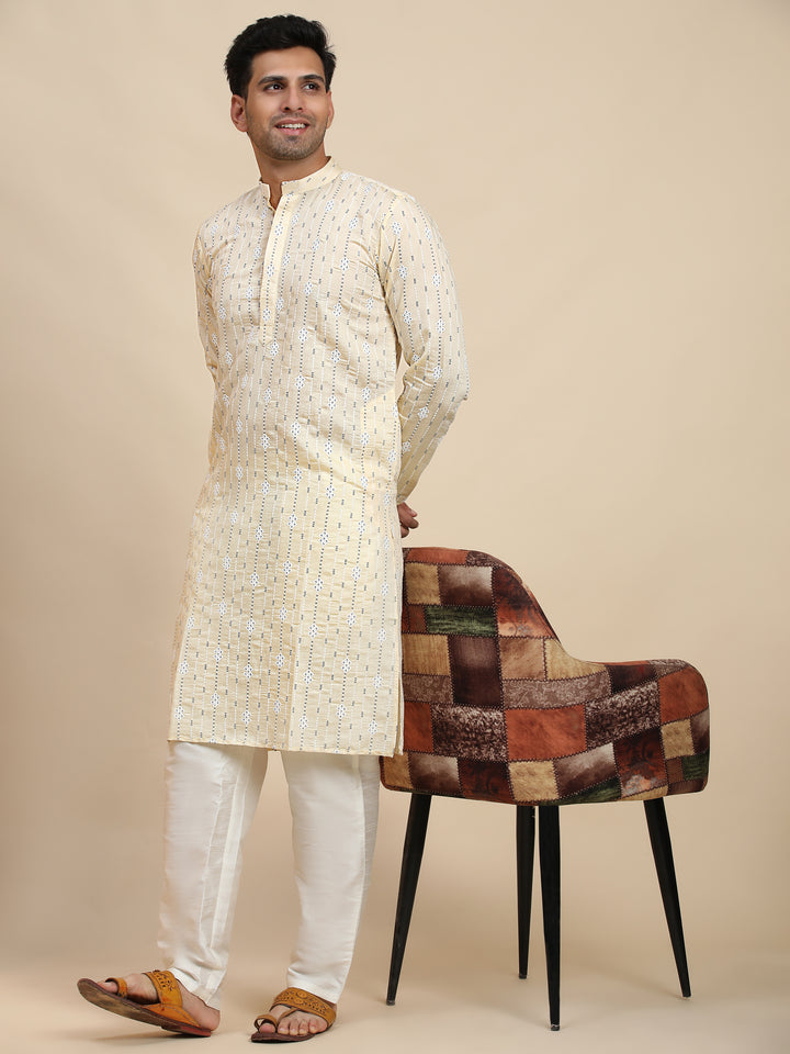 Cream Viscose Rayon Weaved Motif Kurta with intricate detailing, ideal for pooja ceremonies and festive celebrations.