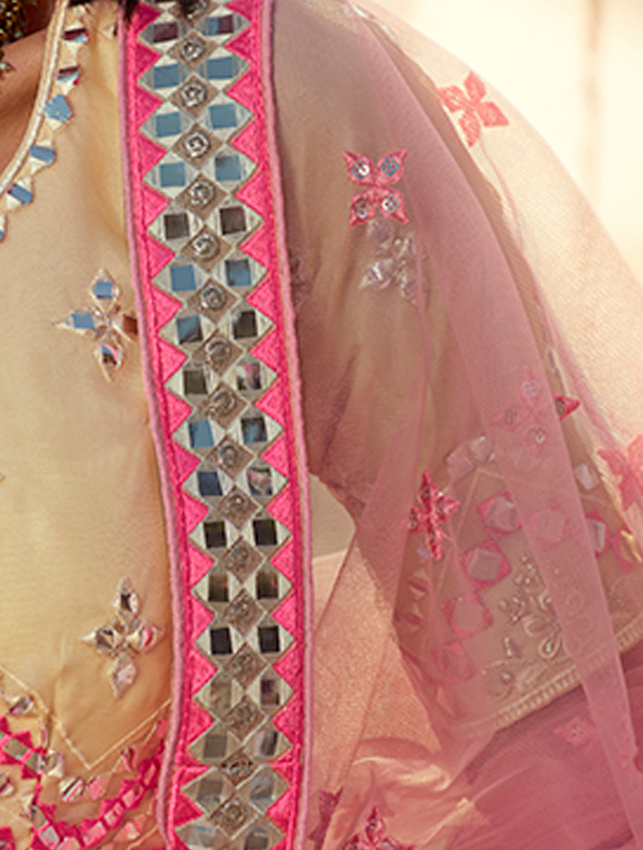 Yellow & Pink Embroidered Mirror Work Lehenga | Semi-Stitched with Dupatta