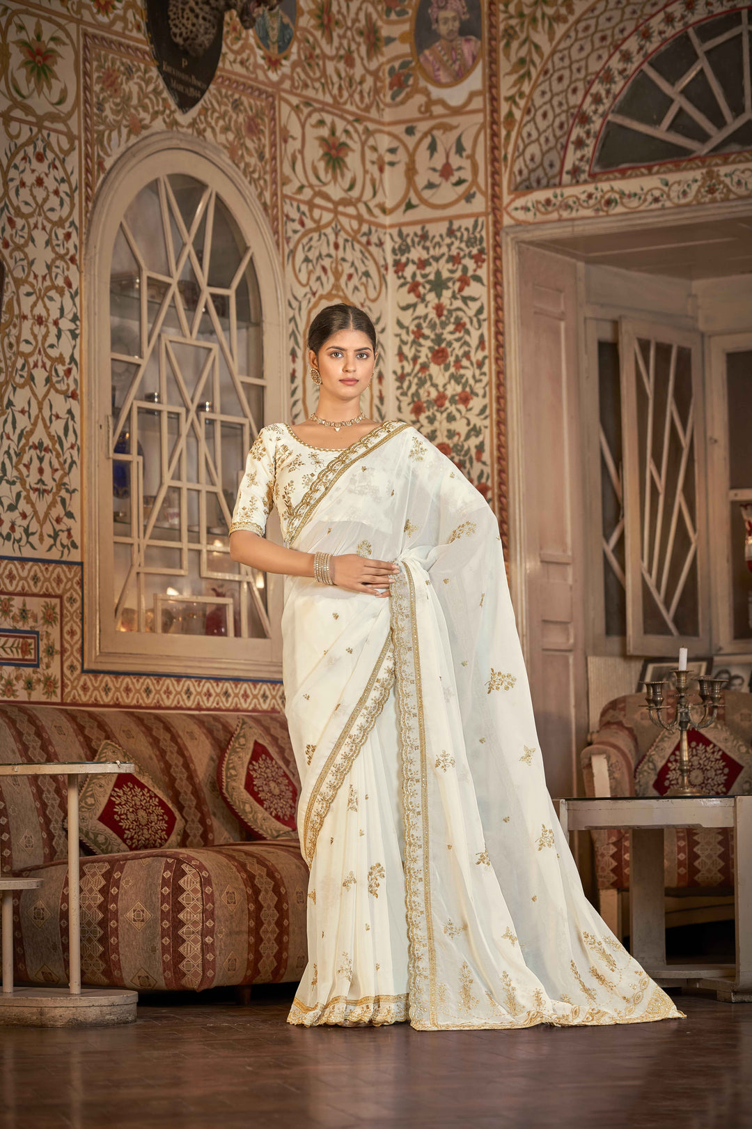 White Saree with Golden Embroidery & Sparkling Embellishments | Indian Sari