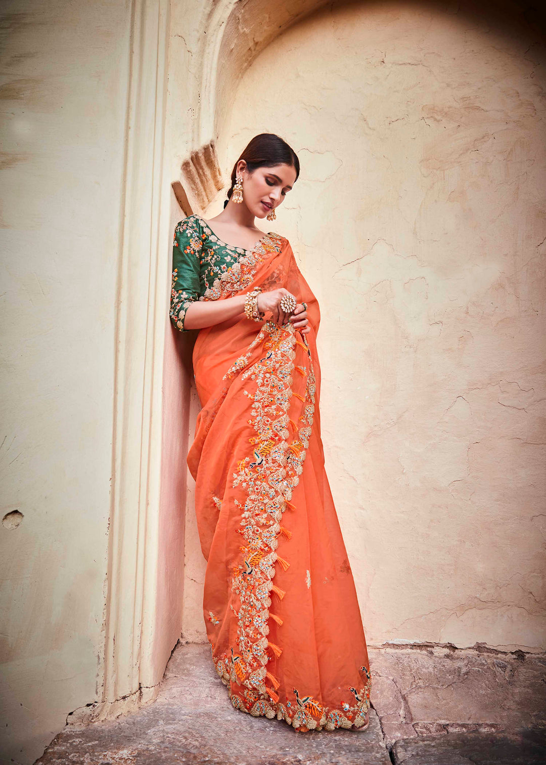 Orange Organza Saree with Dori Work | Art Silk Blouse for Weddings