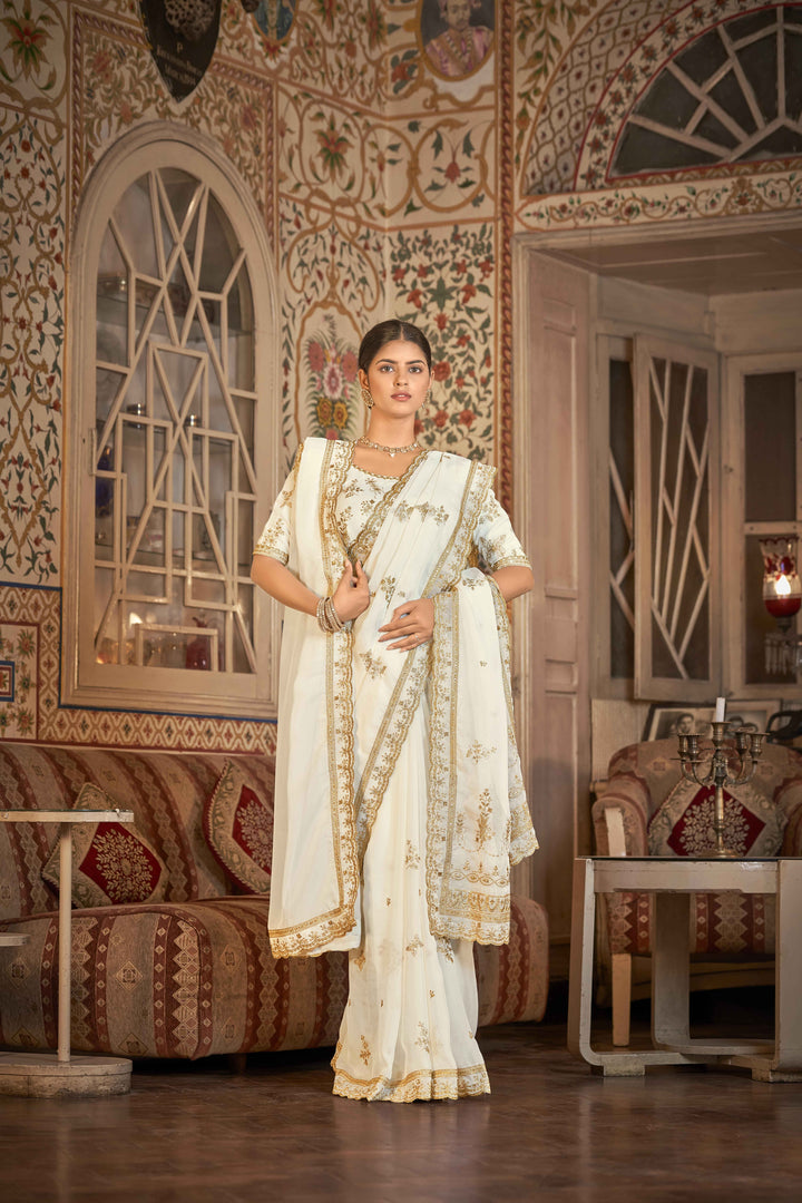 White Saree with Golden Embroidery & Sparkling Embellishments | Indian Sari