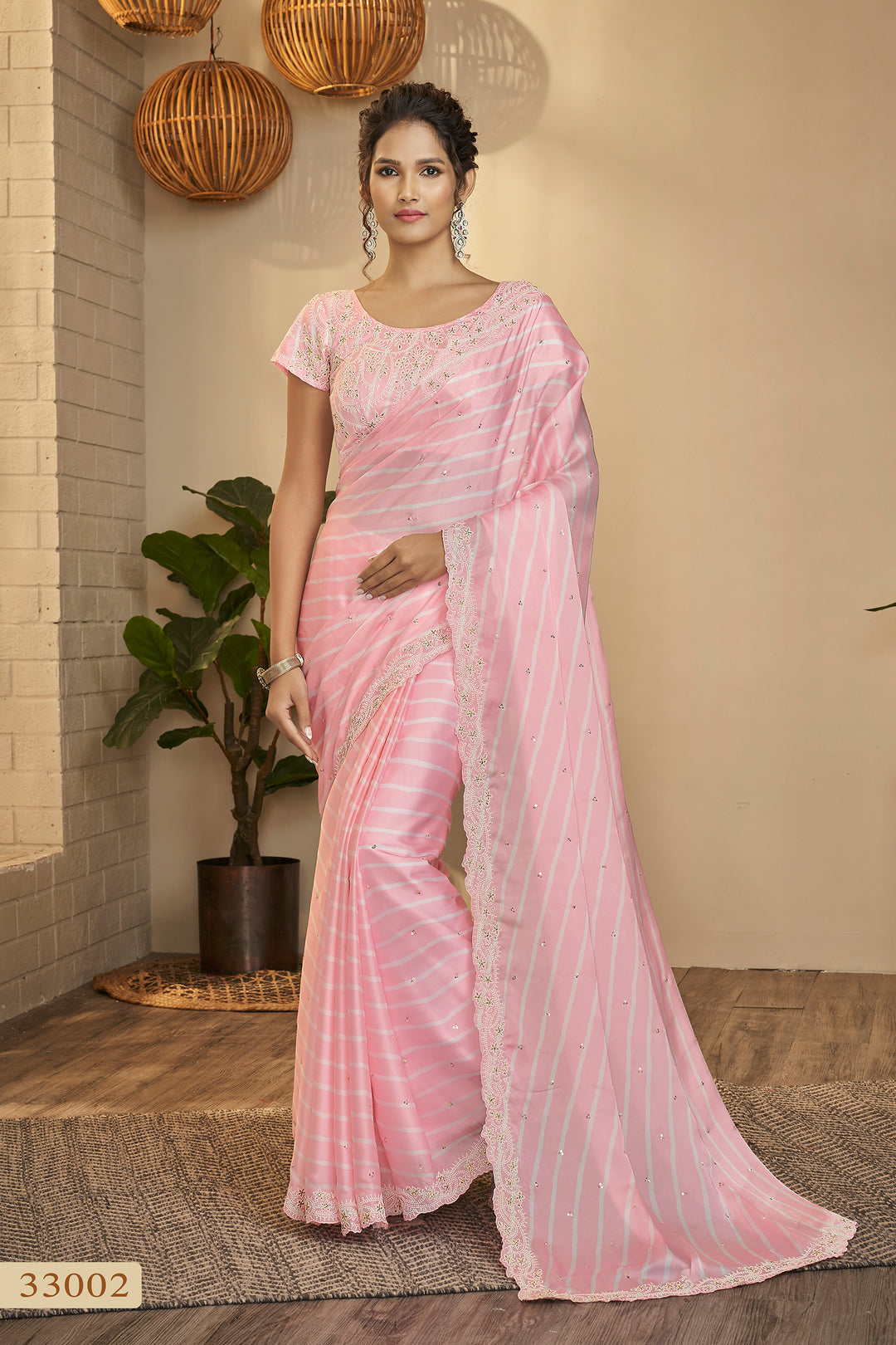 Baby Pink Indian Saree | Taby Silk Zari Embroidered Sari for Wedding