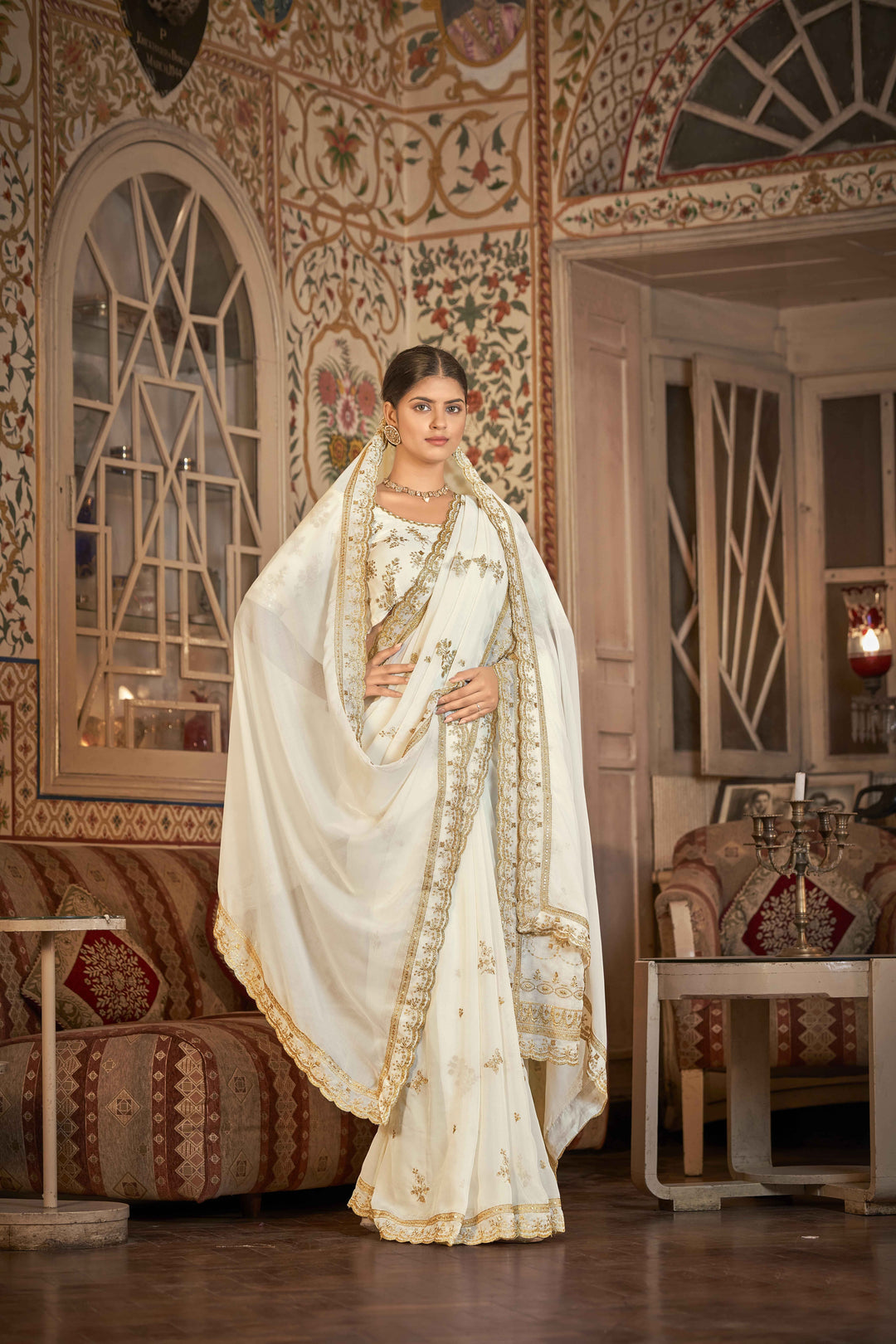 White Saree with Golden Embroidery & Sparkling Embellishments | Indian Sari