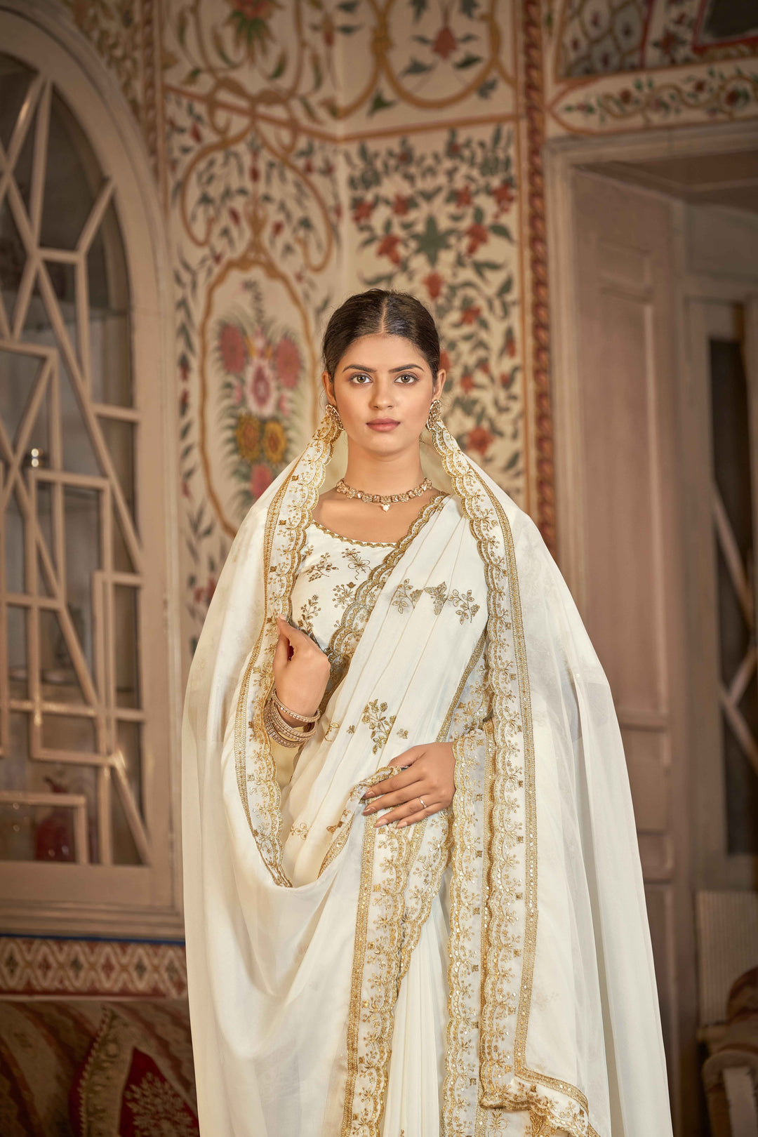 White Saree with Golden Embroidery & Sparkling Embellishments | Indian Sari