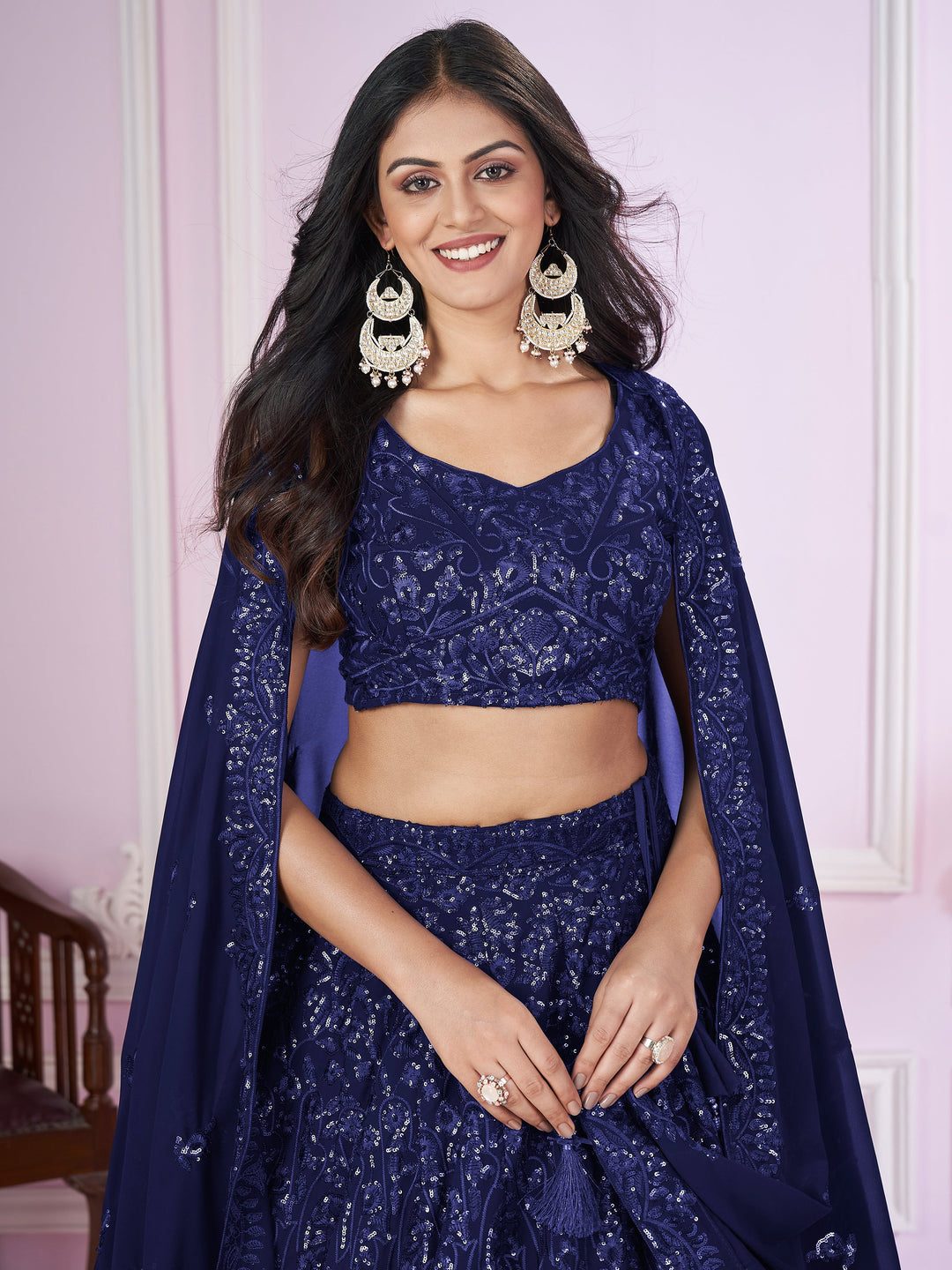 Marvelous Blue Sequins Georgette Engagement Wear Lehenga Choli