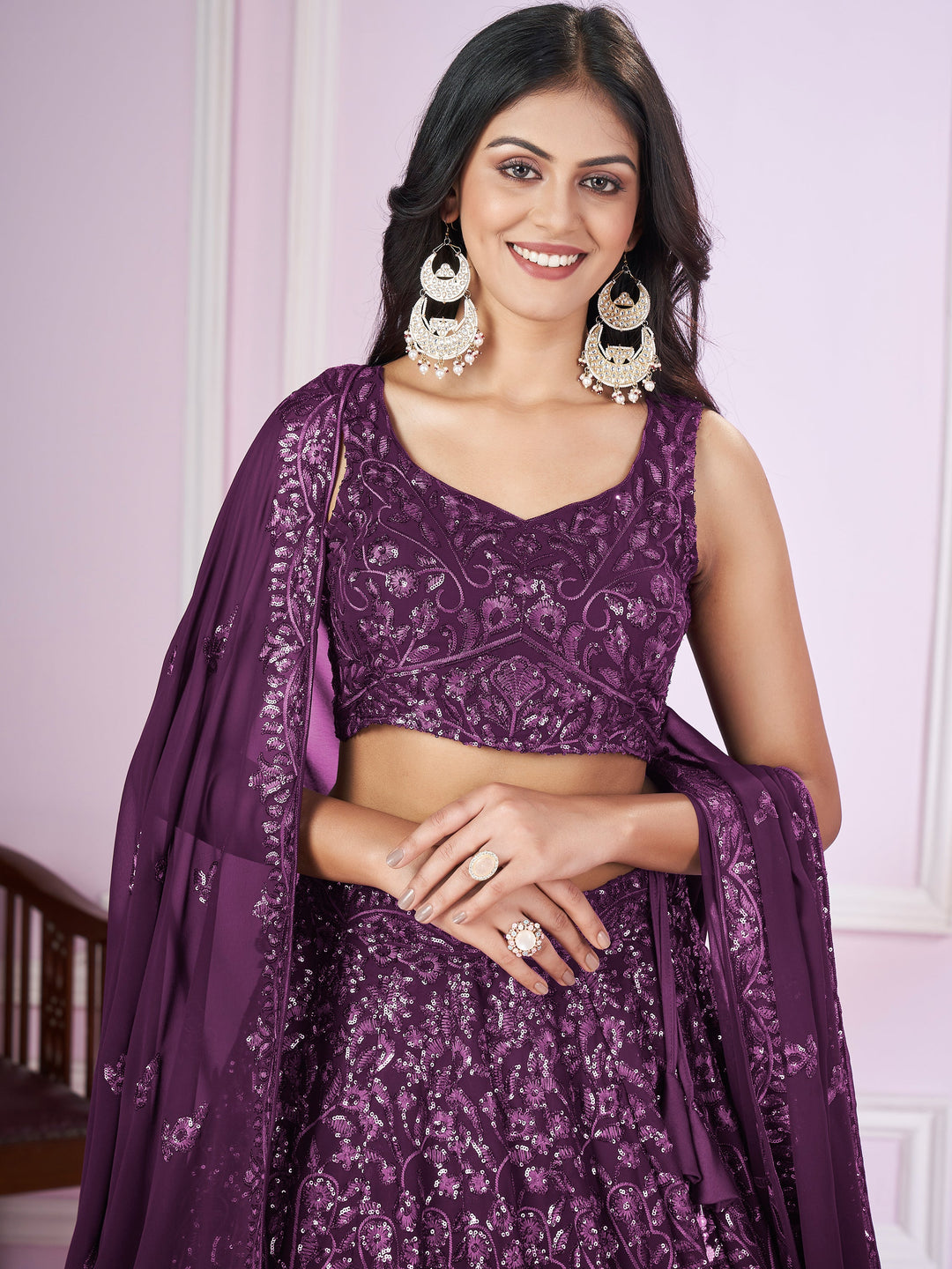 BeautifulÃ‚Â Purple Sequins Georgette Wedding Lehenga Choli With Dupatta