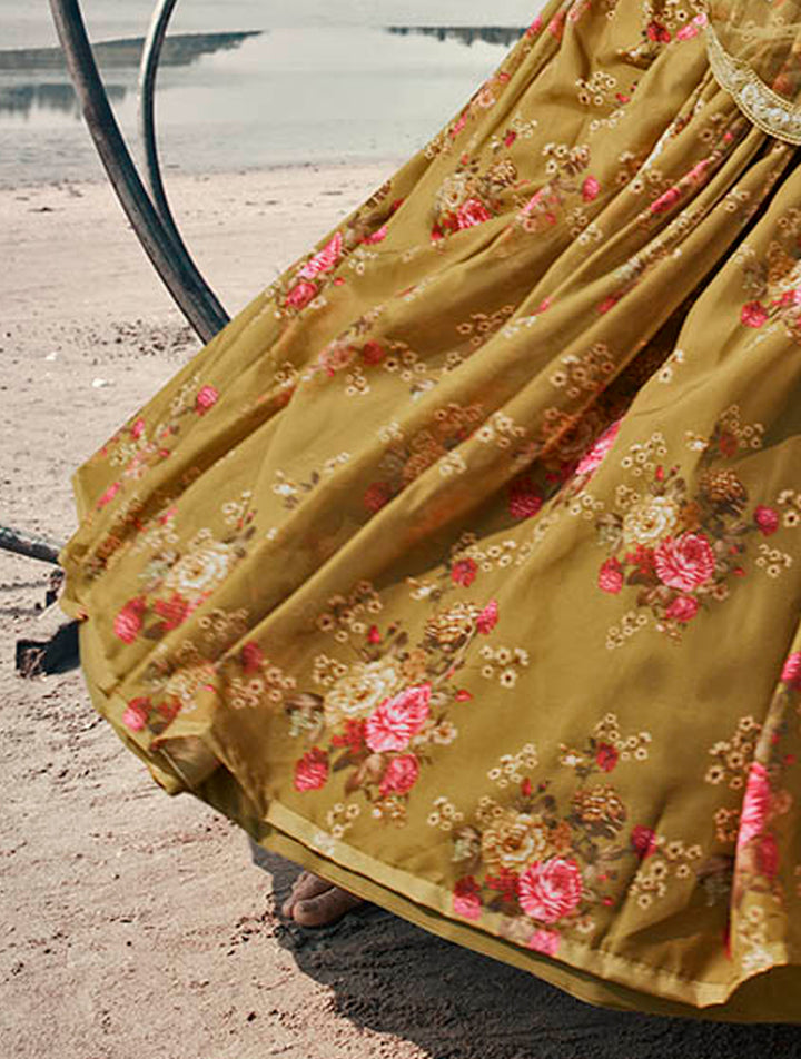 Elegant Reception Wear Lehenga | Olive Green Organza with Stylish Prints