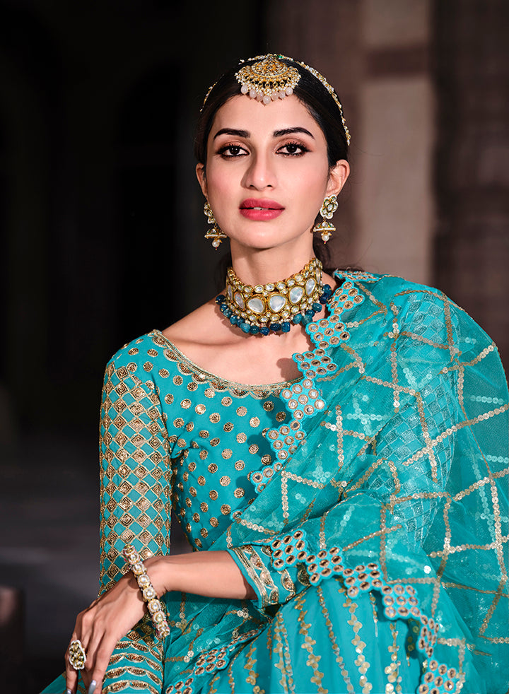 Stunning Turquoise Faux Georgette Lehenga | Perfect for Weddings