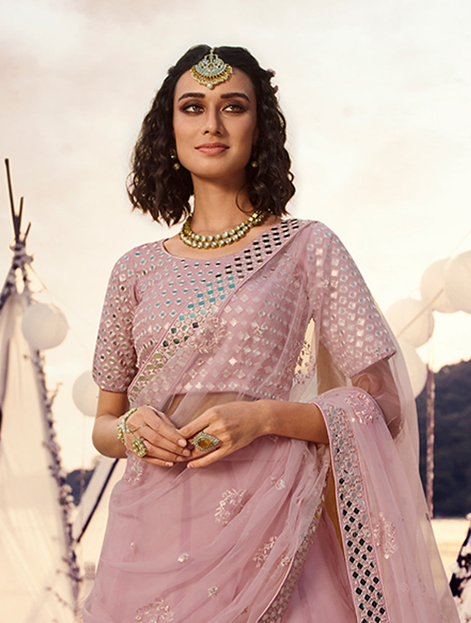 Baby Pink Embroidered Lehenga Choli | Flared Organza with Dupatta