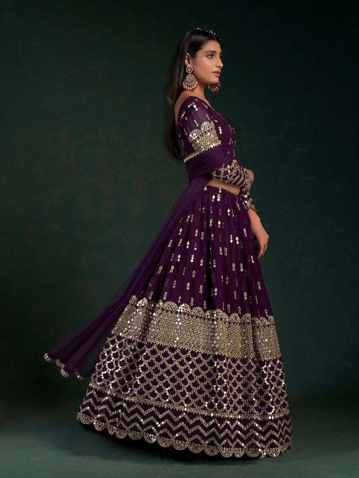 Wine Georgette Bridal Lehenga | Zari Gota Party Wear Set