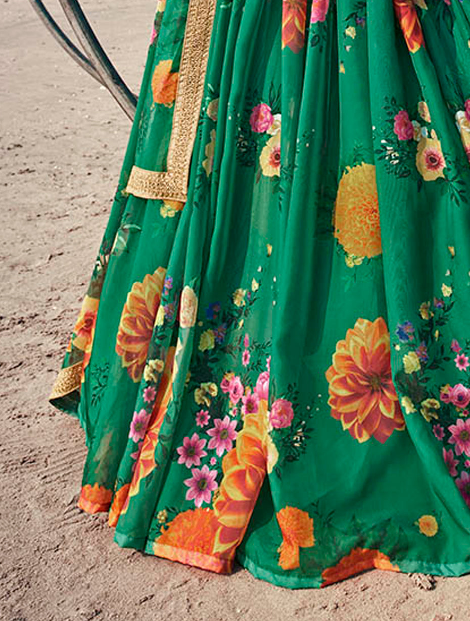 Elegant Sangeet Wear Lehenga | Rama Green Fancy Organza with Prints