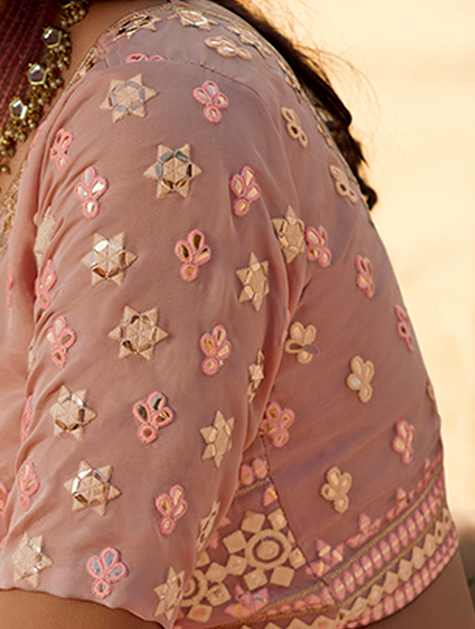 Peach Organza Lehenga Set | Embroidered Lehenga Choli with Net Dupatta