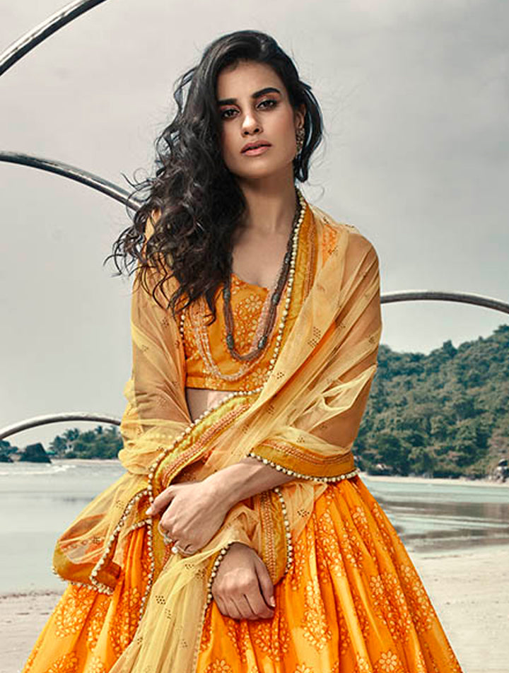 Stunning Digital Print Lehenga | Mustard & Orange for Wedding Glam