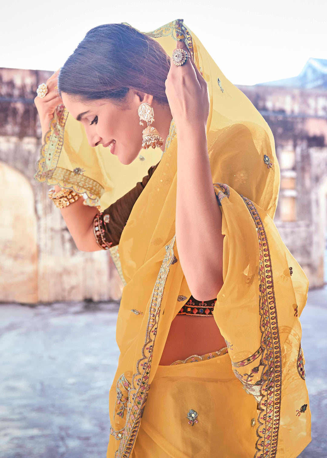 Mustard Organza Saree with Zari and Thread Work | Art Silk Blouse for Festive Wear