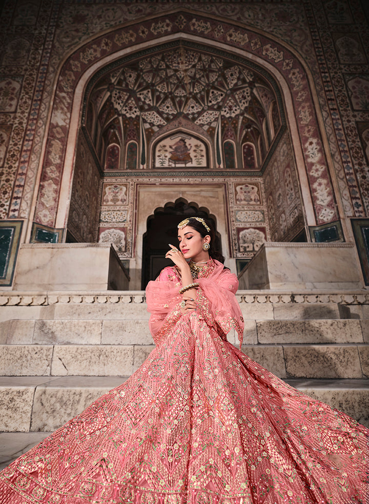 Peach Soft Net Zari & Resham Lehenga Choli | Wedding & Party Wear