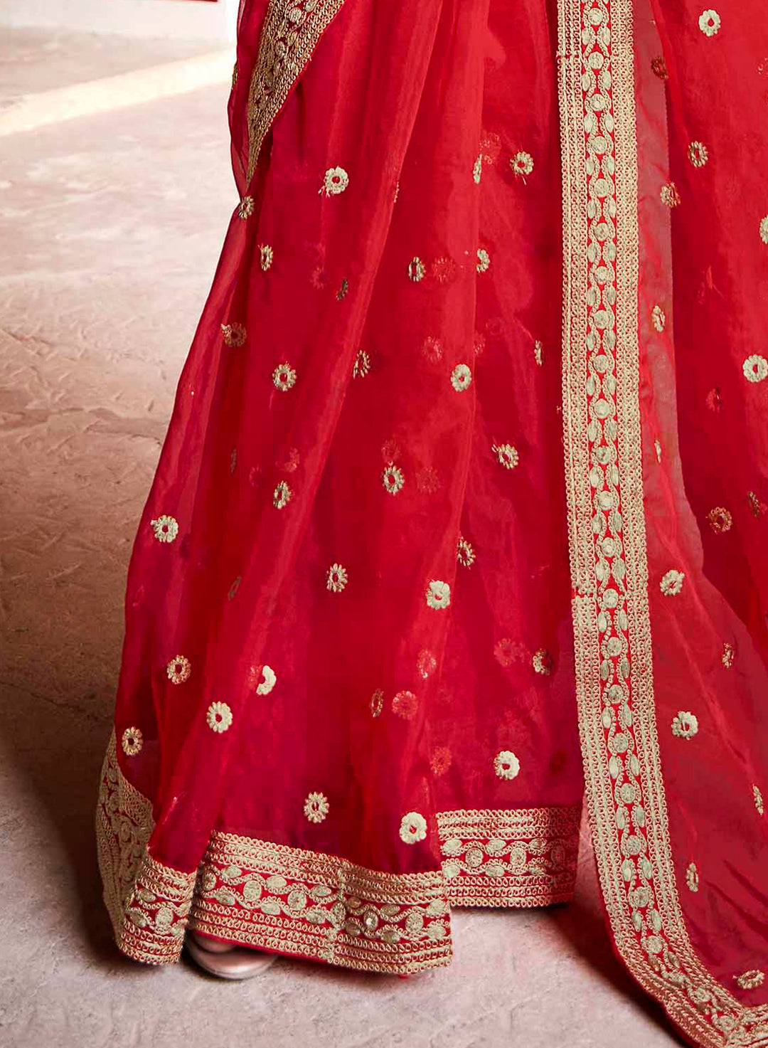 Red Organza Saree with Art Silk Blouse | Zari and Sequins Work for Party Wear