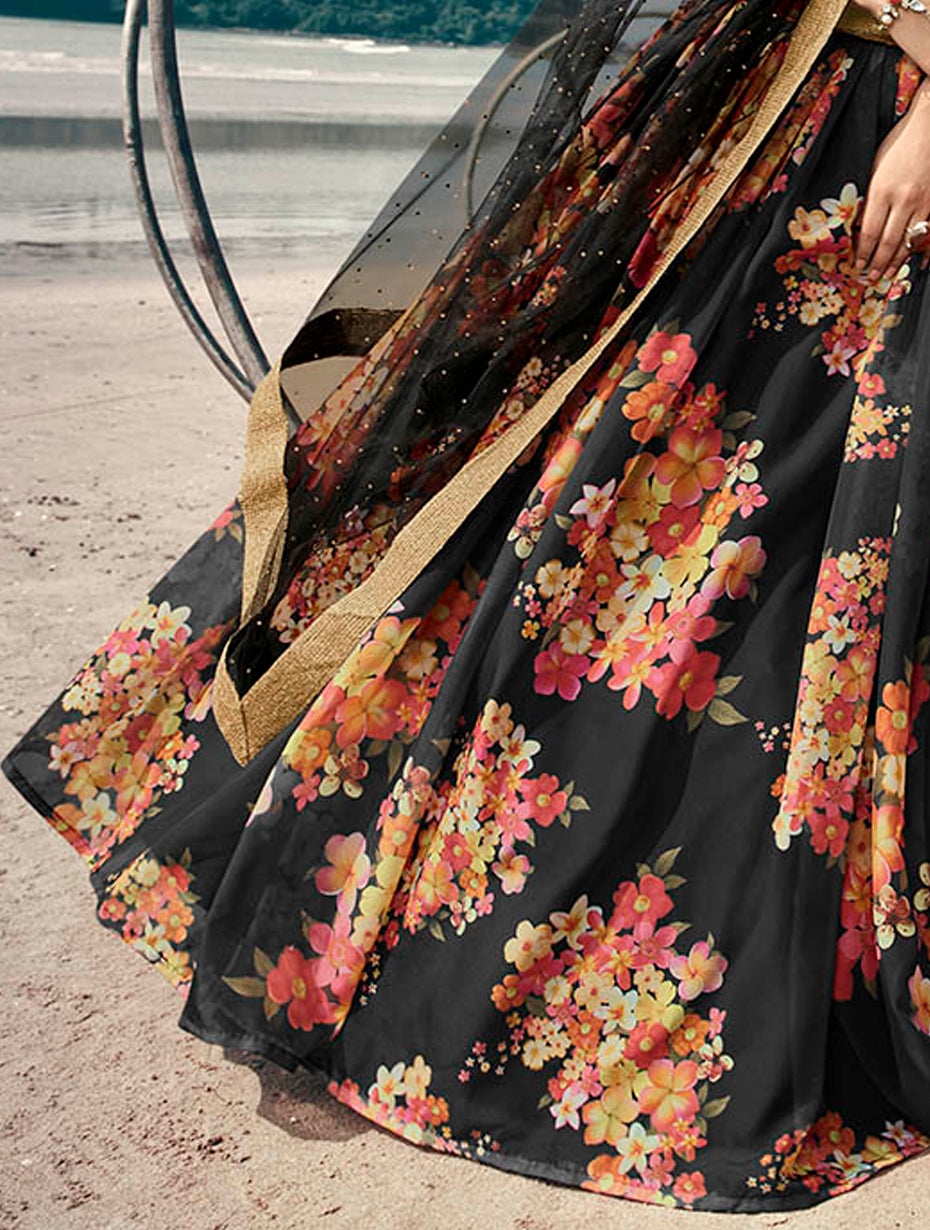 Elegant Black Wedding Lehenga | Fancy Organza with Stunning Prints