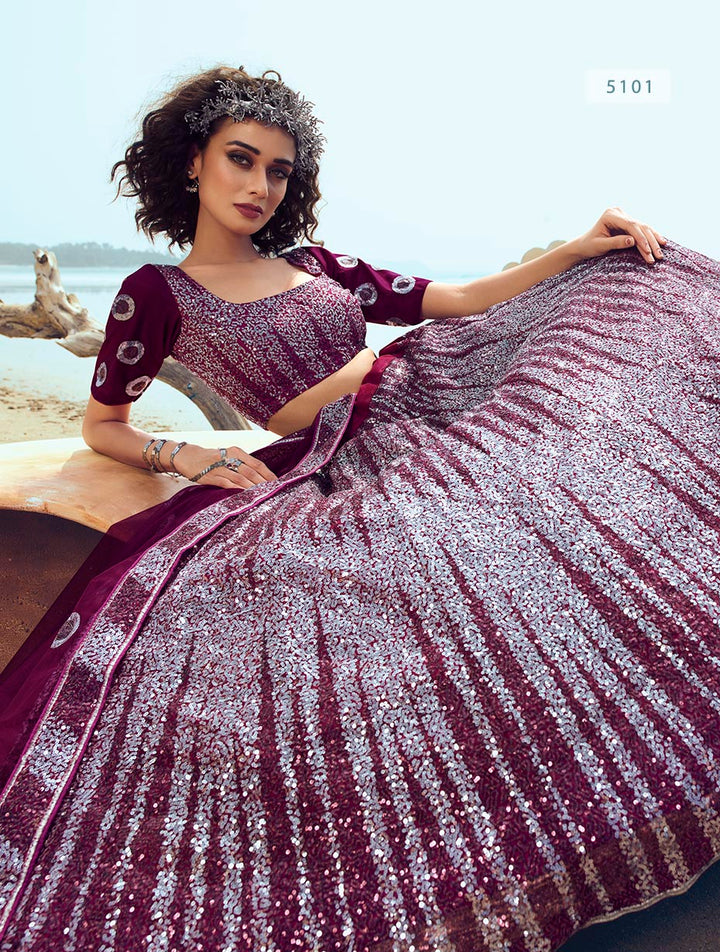 Elegant Wine Net Lehenga | Customizable Semi-Stitched Ethnic Wear