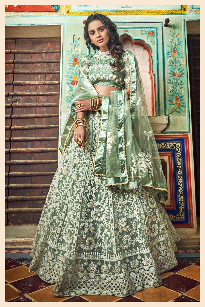 Mint Green Soft Net Lehenga Choli | Bridal Party Wear Outfit