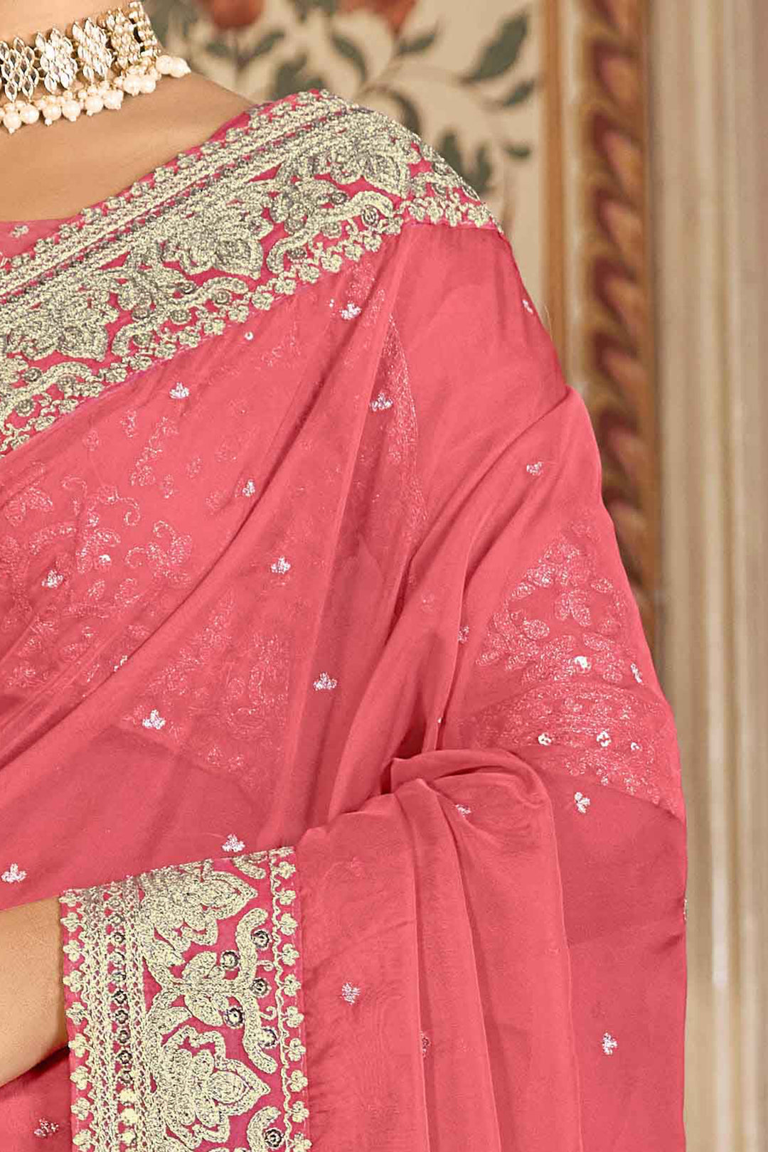 Coral Pink Saree with Embroidery & Embellishments | Indian Wedding Sari