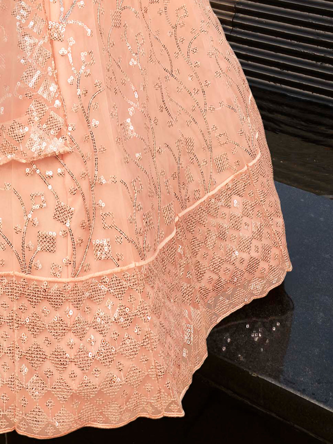 Soft Net Lehenga with Sequins and Thread Work | Semi-Stitched Peach Lehenga